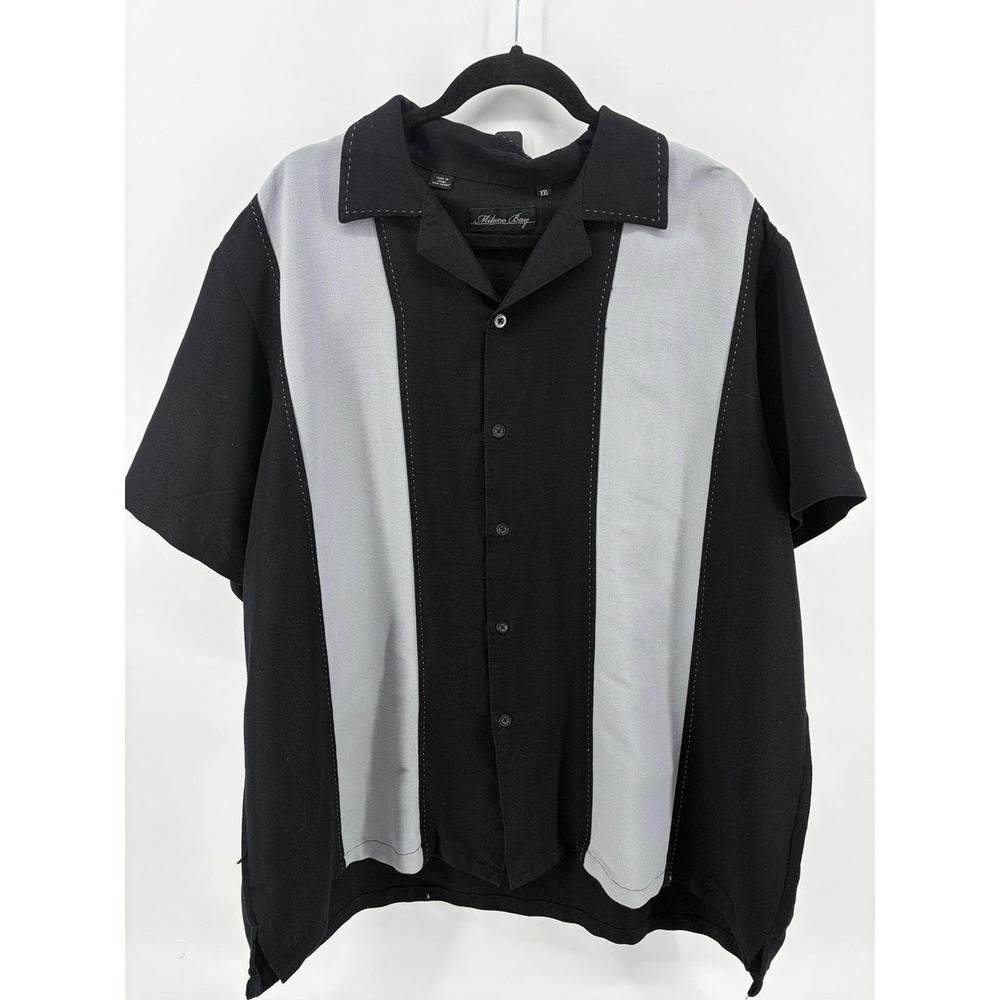 Milano Bay, Black/Gray Bowling Shirt, Button Up Short Sleeve Rockabilly, Men XXL